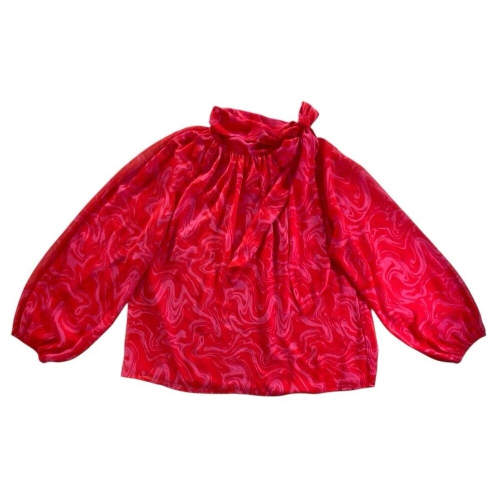 Scoop Womens Blouse L Red Pink Swirl Tie Neck Balloon Sleeve Lined